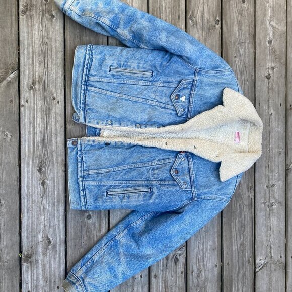 Vintage 1971 Orange Tab Levis Sherpa Denim Jacket Size 44 Large Blue - Picture 10 of 16